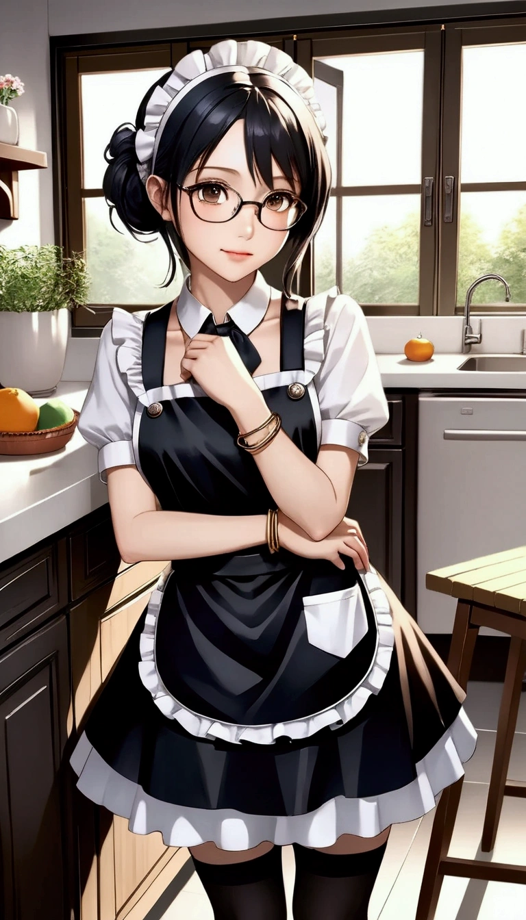 Top quality, high resolution, masterpiece, high resolution, textured skin, realism, detailed face, CG, Beautiful and very cute young woman (randomly selected race, hairstyle, hair length, hair color, with or without glasses) wearing shiny black knee-high socks (absolute territory), black strap shoes, knee-length black maid apron, short-sleeved white blouse with buttons and frills, headband, bangle, anklet, ((full body)), The woman is standing and [puts hands in pockets], [hands on hips], [pushes glasses up with fingers] (center or edge of glasses), [folds hands behind back], [leaning forward slightly with hands on both knees], [sitting on a chair (seating style is random)], [cleaning], [cooking in the kitchen], [or other suitable pose] randomly 1 5.5), (Camera angles randomly determined from all angles, including steep angles, with a focus on women: 5.8), (Locations are indoors, kitchen/dining room, living room, hallway, stairs, bedroom, rooftop balcony, indoor entrance, storage room or place, garden, study, laundry room, one of these is selected randomly), (Morning, afternoon, evening, night, weather, also random: 5.4), Perfect hands, feet, and body structure