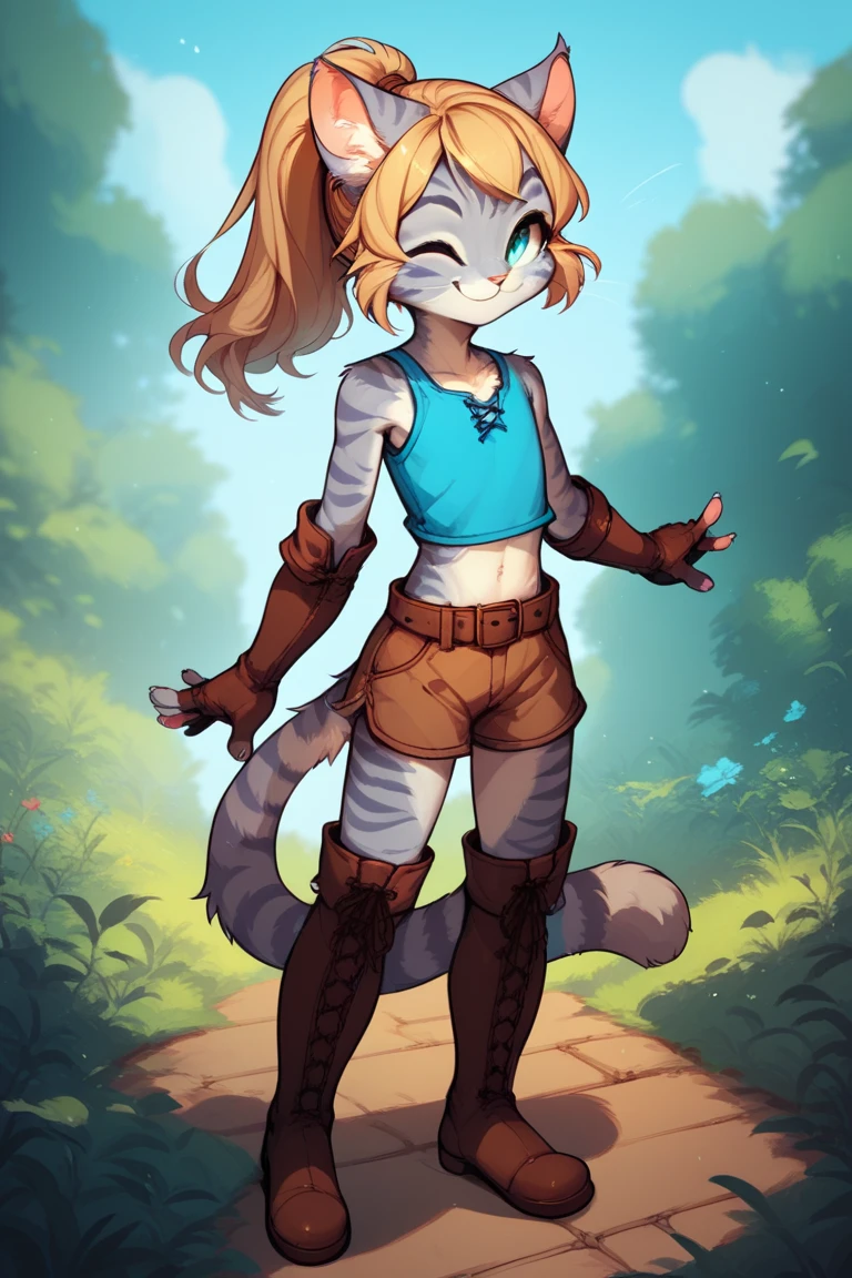 Score_9, score_8_up, score_7_up, Kat, Anthro, Anthro furry feline girl, grey striped fur, flat chest, young, cub, blonde hair, ponytail, standing, blue top, midriff, belt, brown bottoms, gloves, brown boots, outdoors, smiling, winking, playful pose