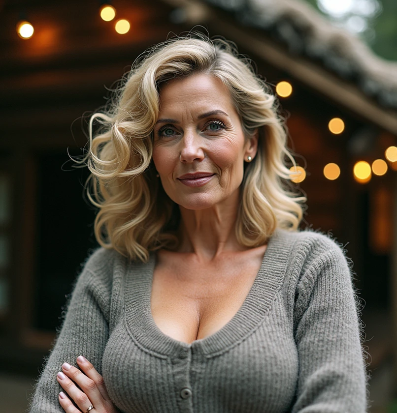 Woman,45 years old, blonde shoulder-length hair with strong curls