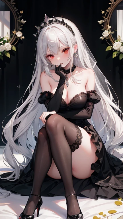 ((best quality)), ((masterpiece)), (detailed), NSFW, small breasts, prominent collarbones, skinny arms, flat stomach, visible hip bones, long hair, red hair, white hair, blonde hair, dark hair, ponytail, thick ponytail, heavy ponytail, NSFW Fluttering lace frilly petticoats, pleated petticoats