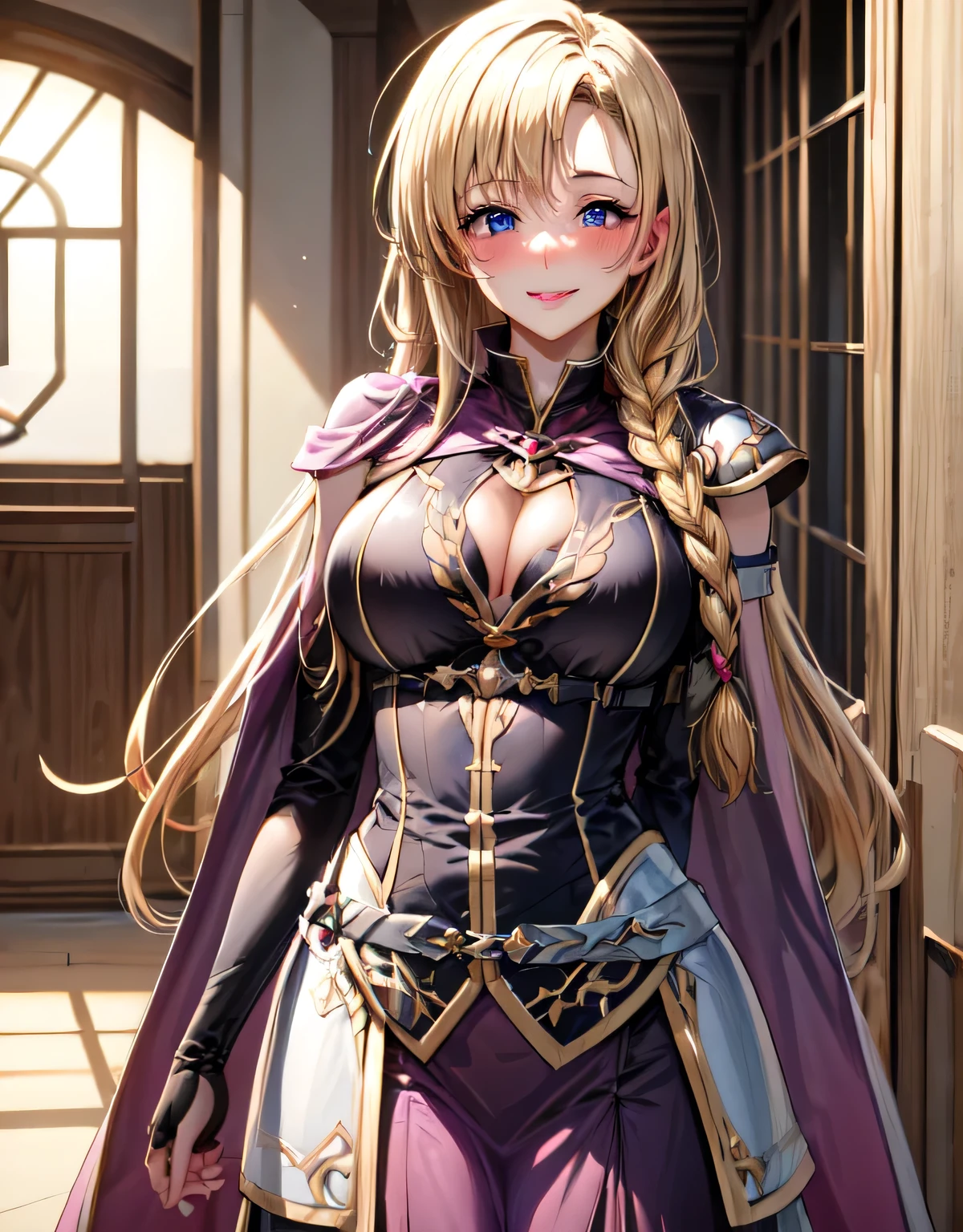 def_louise,blonde hair,cape,shoulder armor,belt,skirt,short dress,breastplate,dress,(large breasts:1.6),(shiny,hair),((solo)),((masterpiece)),((best quality)),perfect anatomy,slim waist,perfect image,8k UHD,(beautiful detailed eyes:1.5),extremely detailed face,standing,(upper body:1.2),(look at the front:1.5),ultra-detailed,absurdres,ultra-highres,lips,(erotic lips),(arms behindback),seductive,alluring,blush,light smile,(purple eyes),closed mouth,lips,indoor hall,indoor,