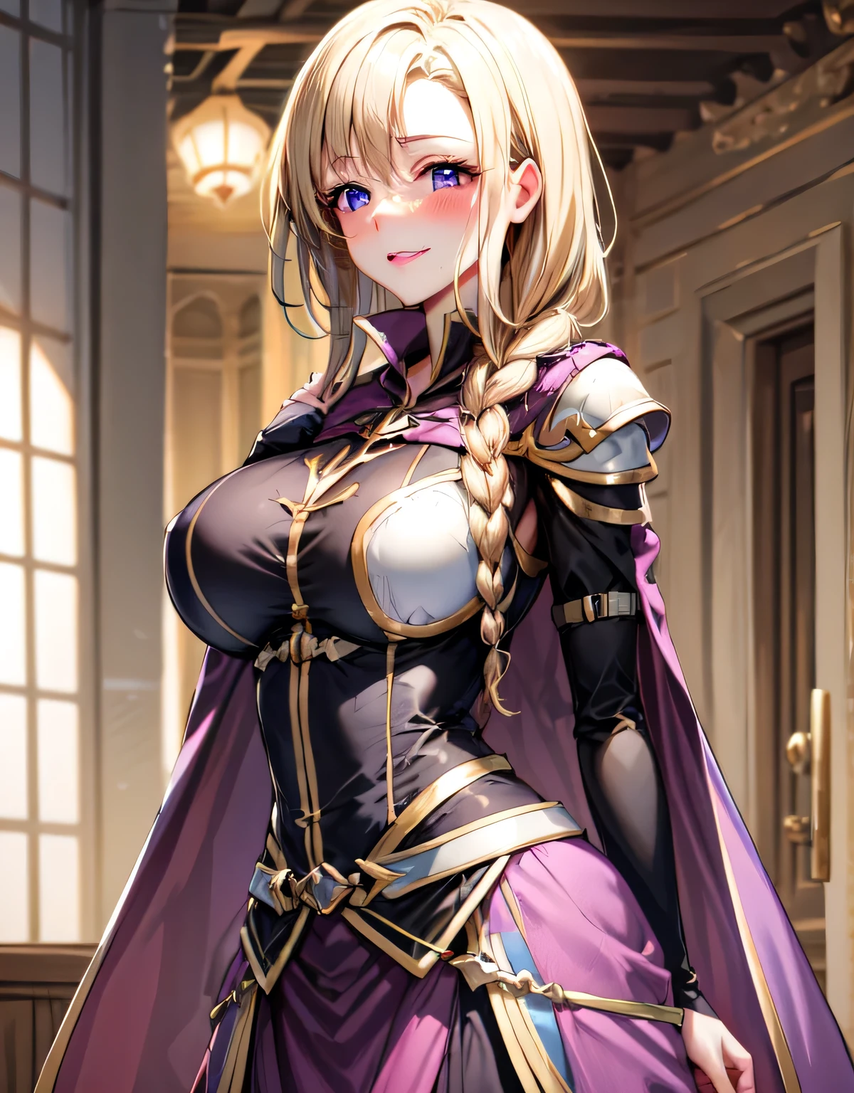 def_louise,blonde hair,cape,shoulder armor,belt,skirt,short dress,breastplate,dress,(large breasts:1.6),(shiny,hair),((solo)),((masterpiece)),((best quality)),perfect anatomy,slim waist,perfect image,8k UHD,(beautiful detailed eyes:1.5),extremely detailed face,standing,(upper body:1.2),(look at the front:1.5),ultra-detailed,absurdres,ultra-highres,lips,(erotic lips),(arms behindback),seductive,alluring,blush,light smile,(purple eyes),closed mouth,lips,indoor hall,indoor,