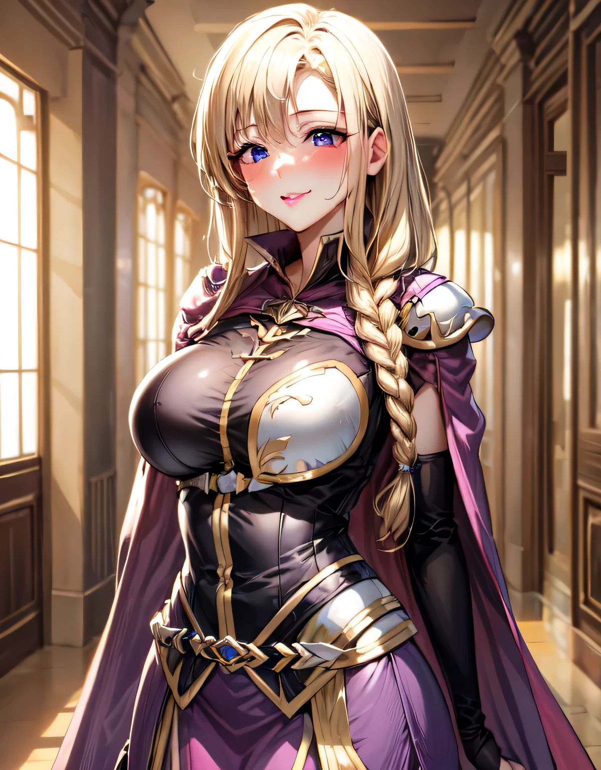 def_louise,blonde hair,cape,shoulder armor,belt,skirt,short dress,breastplate,dress,(large breasts:1.6),(shiny,hair),((solo)),((masterpiece)),((best quality)),perfect anatomy,slim waist,perfect image,8k UHD,(beautiful detailed eyes:1.5),extremely detailed face,standing,(upper body:1.2),(look at the front:1.5),ultra-detailed,absurdres,ultra-highres,lips,(erotic lips),(arms behindback),seductive,alluring,blush,light smile,(purple eyes),closed mouth,lips,indoor hall,indoor,