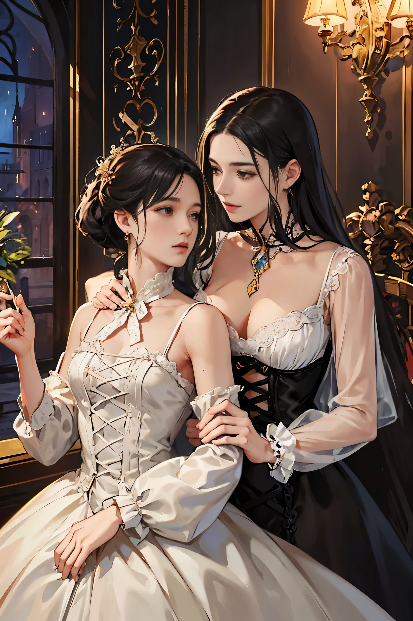  Very detailed 、 Measure size 、  high resolution、​masterpiece、Sharp focus、3/、  official art  、  Magical Atmosphere  、  Romantic 、fashion, literature 、  Victorian Jewelry   、   Delicate Wrought Iron Decoration  、Lace dress、  emotional depth  、,  , luxurious and supernatural atmosphere、(   men and women who love each other   )、   elements of the neck and chest   、 Hand-painted  