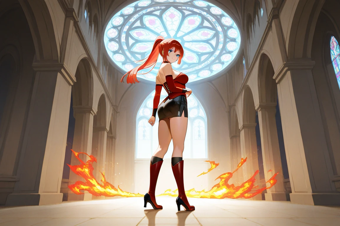 fantasy-style stylized candid picture of two women with red hair and blue eyes standing back to back looking over their shoulders at the camera. the first woman has shoulder-length ginger hair in a half-updo and wears a red halter corset, very short black plaid mini skirt and tight knee-high red boots and casting fire magic. the second woman has long straight ginger hair in a high ponytail and wears a red blouse with capped sleeves, a black knee-length pencil skirt, red heeled pumps and casting ice magic. they are standing inside a cathedral-looking building