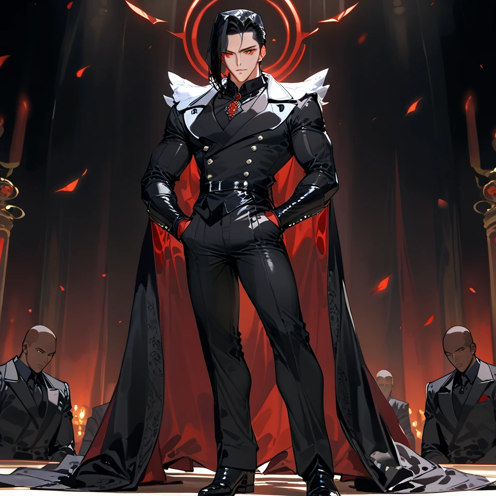 spread legs．30 years old,handsome．red eye．King of Darkness．anime characters：, The villain．Draw the whole body ．High image quality. Muscular, Handsome man in a tight black latex suit handsome.asia handsome．black hair．red eye．King of Darkness．The background is black. Draw the whole body．The crotch is excited. Standing proudly. Definitely draw the penis．hair slicked back. He has a big penis．
