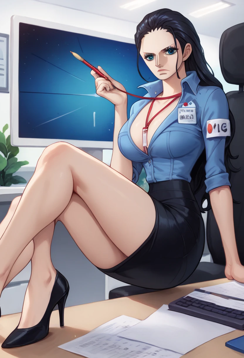 1 girl, solo, nico robin,black hair, blue eyes, extremely long hair,masterpiece, high quality, sharp image, fine details,grumpy expresion ,,indoors,office,night,lipstick, eyelashes, makeup, light blue shirt, cleavage, formal outfit, underwear, lanyard, black skirt, pencil skirt, black high heels,office background, desk office, monitor, keyboard, working space, perfect office background,light dramatic lighting, cinematic view, masterpiece