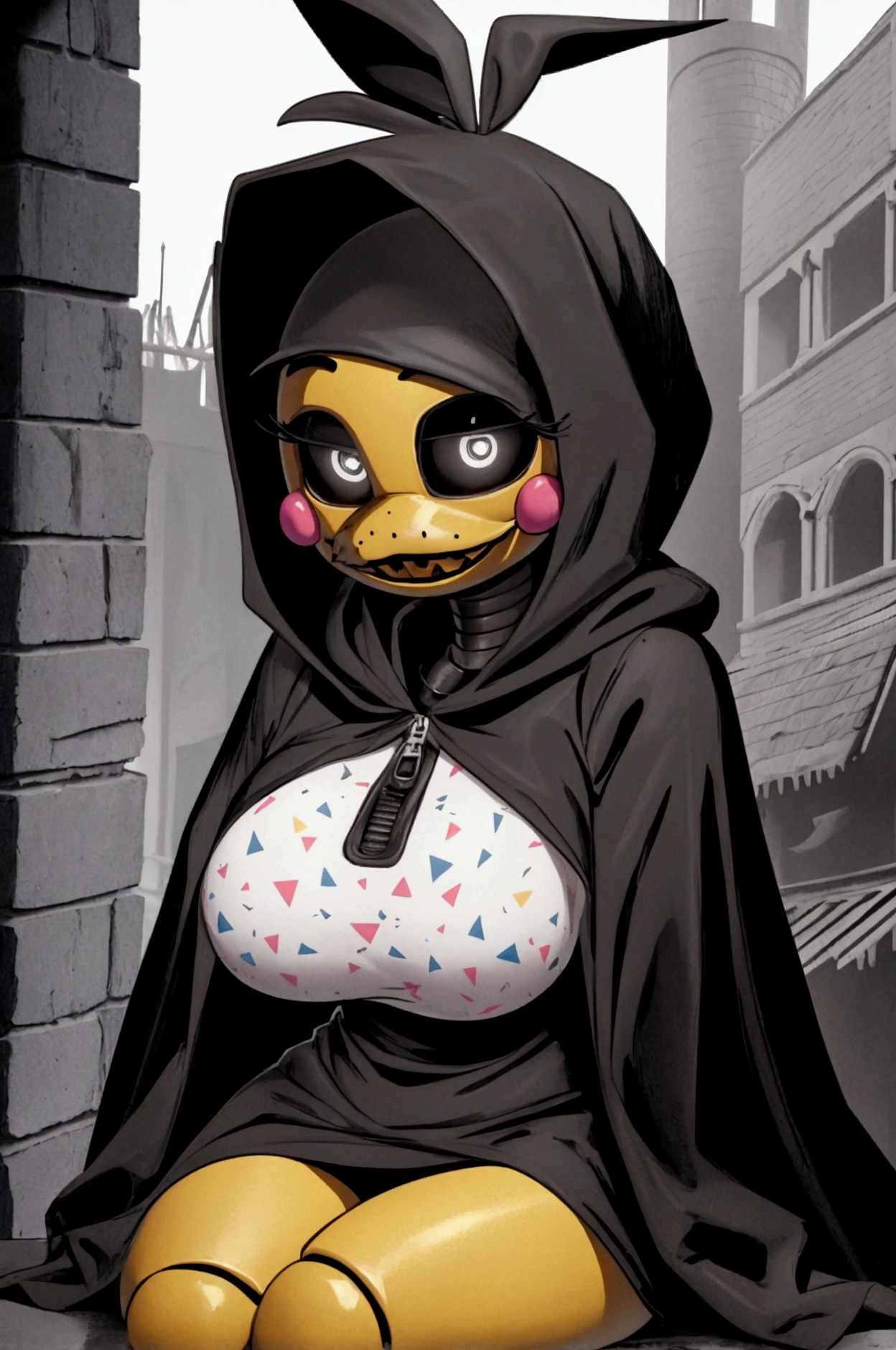 Chica from Five Nights at Freddy's wearing a long black cloak, hood covering her head, sitting on a building in a mysterious and eerie atmosphere. Big breasts blushing zipper half sexy legs 