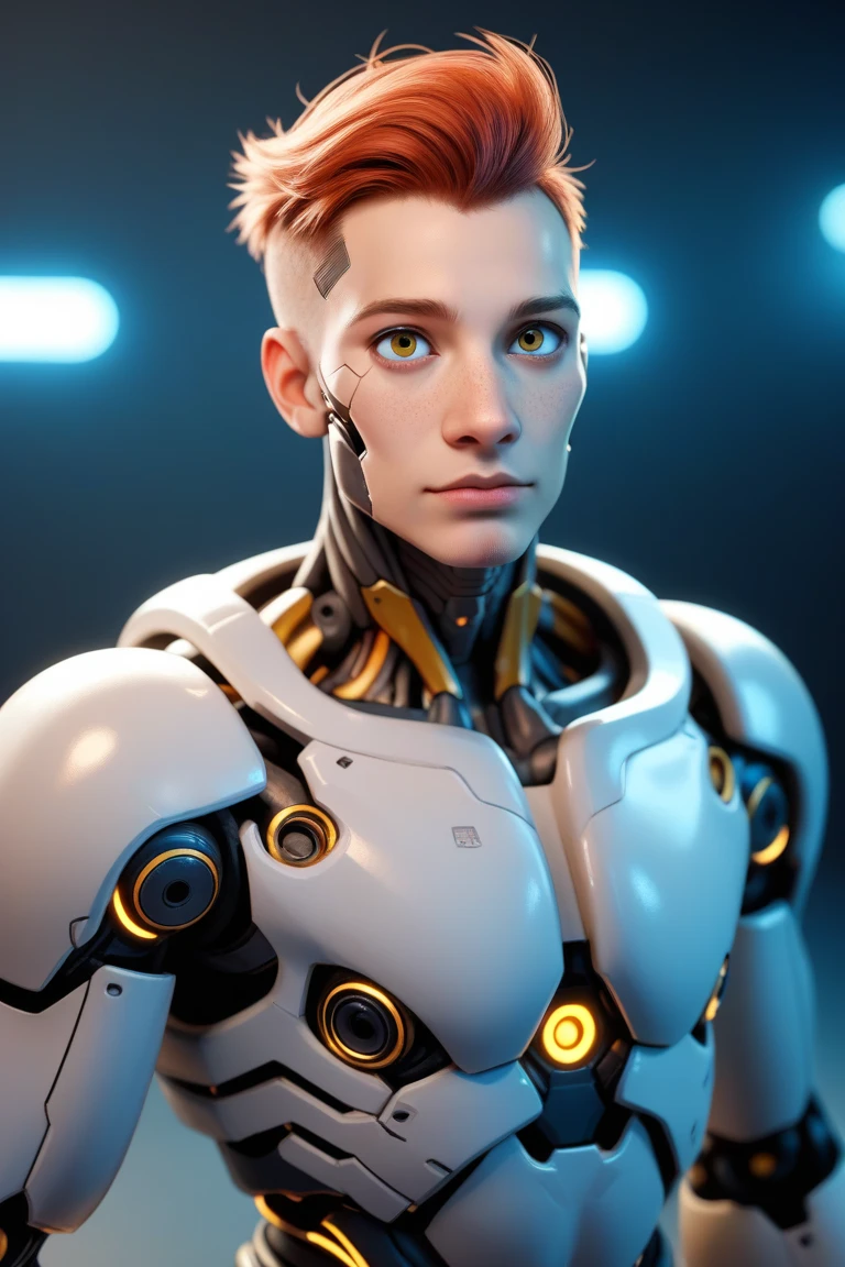 Cyberpunk photo, eagle-eyed young man, cyborg, facial implants, mechanical body, mechanical arms, mechanical skeleton, rusty armor, neon background, dark background, eye contact, looking at the viewer, masterpiece, best quality, perfect details, perfect facial details, perfect eye details, perfect skin details, white background, depth of field, perfect lighting.