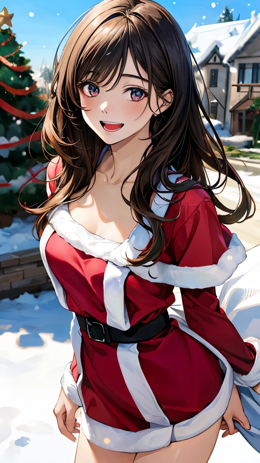 (masterpiece:1.3, top-quality, ultra high res, ultra detailed), (realistic, photorealistic:1.4), beautiful illustration, perfect lighting, natural lighting, colorful, depth of fields, surrealism, beautiful detailed hair, beautiful detailed face, beautiful detailed eyes, beautiful clavicle, beautiful body, beautiful chest, beautiful thigh, beautiful legs, beautiful fingers, looking at viewer, cowboy shot, 1 girl, japanese, 20 years old, perfect face, (perfect anatomy, anatomically correct), cute and symmetrical face, shiny hair, big gorgeous eyes, long eye lasher, (medium breasts), slender, skinny, shiny skin, gleaming skin, oily skin, (beautiful scenery), (standing split:1.5), (lovely smile, open mouth:1.7), ((Santa Claus Cosplay, Christmas tree, snow scene))

