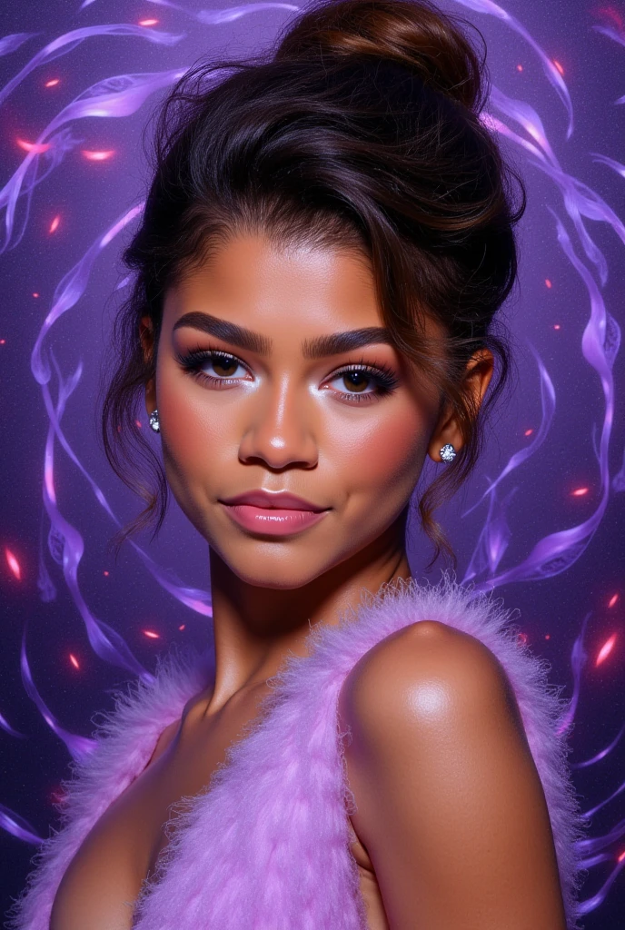 Zendaya Queen Beautiful Girl: Lanlinger 18 years old, messy hair, oil painting, beautiful perfect face, soft skin perfect face, light purple and purple added, light red added, intricate details, splash screen, 8k resolution, masterpiece, cute face, mysterious magic array background, 