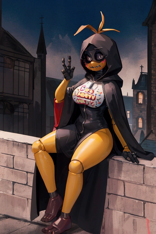 Chica from Five Nights at Freddy's wearing a long black cloak, hood covering her head, sitting on a building in a mysterious and eerie atmosphere.big breasts blushing zipper half sexy legs 