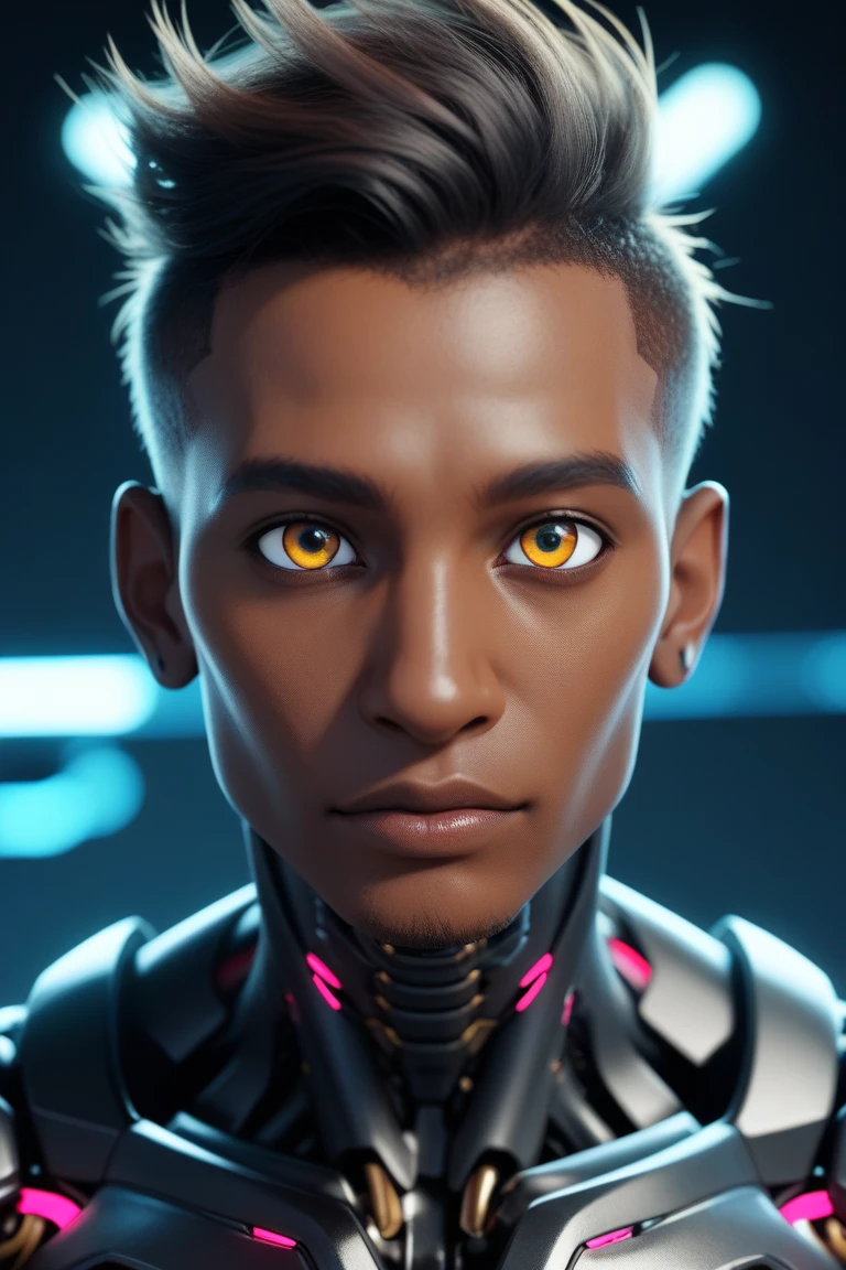 Cyberpunk photo, eagle-eyed young african man, cyborg, facial implants, black skin, mechanical body, mechanical arms, mechanical skeleton, rusty armor, neon background, dark background, eye contact, looking at the viewer, masterpiece, best quality, perfect details, perfect facial details, perfect eye details, perfect skin details, white background, depth of field, perfect lighting.