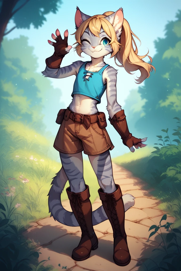 Score_9, score_8_up, score_7_up, Kat, Anthro, Anthro furry feline girl, grey striped fur, flat chest, young, cub, blonde hair, ponytail, standing, blue top, midriff, belt, brown bottoms, gloves, brown boots, outdoors, smiling, winking, playful pose, full body view