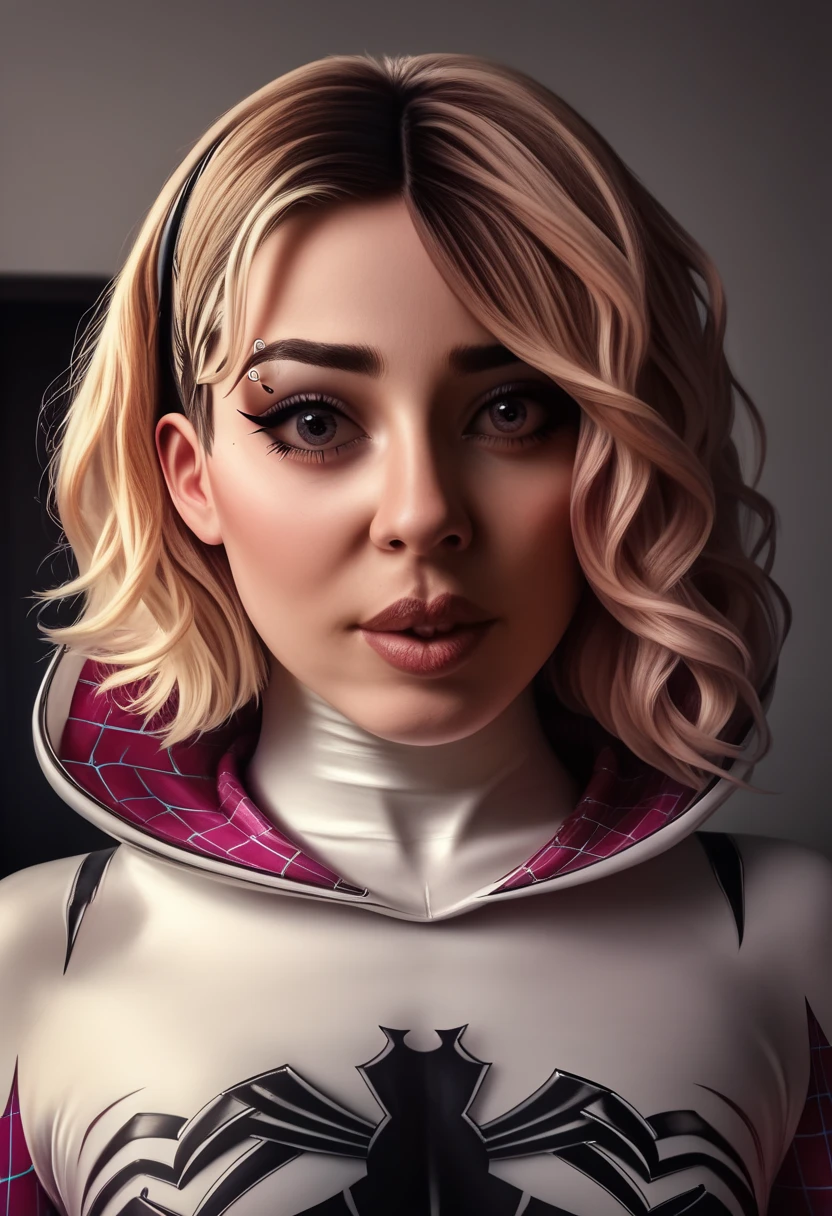 a highly detailed and realistic portrait of Spider-Gwen, beautiful detailed eyes, beautiful detailed lips, extremely detailed face and body, long eyelashes, ripped and torn costume revealing skin, sensual and alluring pose, dark and gritty atmosphere, cinematic lighting, dramatic colors, masterpiece, (best quality,4k,8k,highres,masterpiece:1.2),ultra-detailed,(realistic,photorealistic,photo-realistic:1.37)