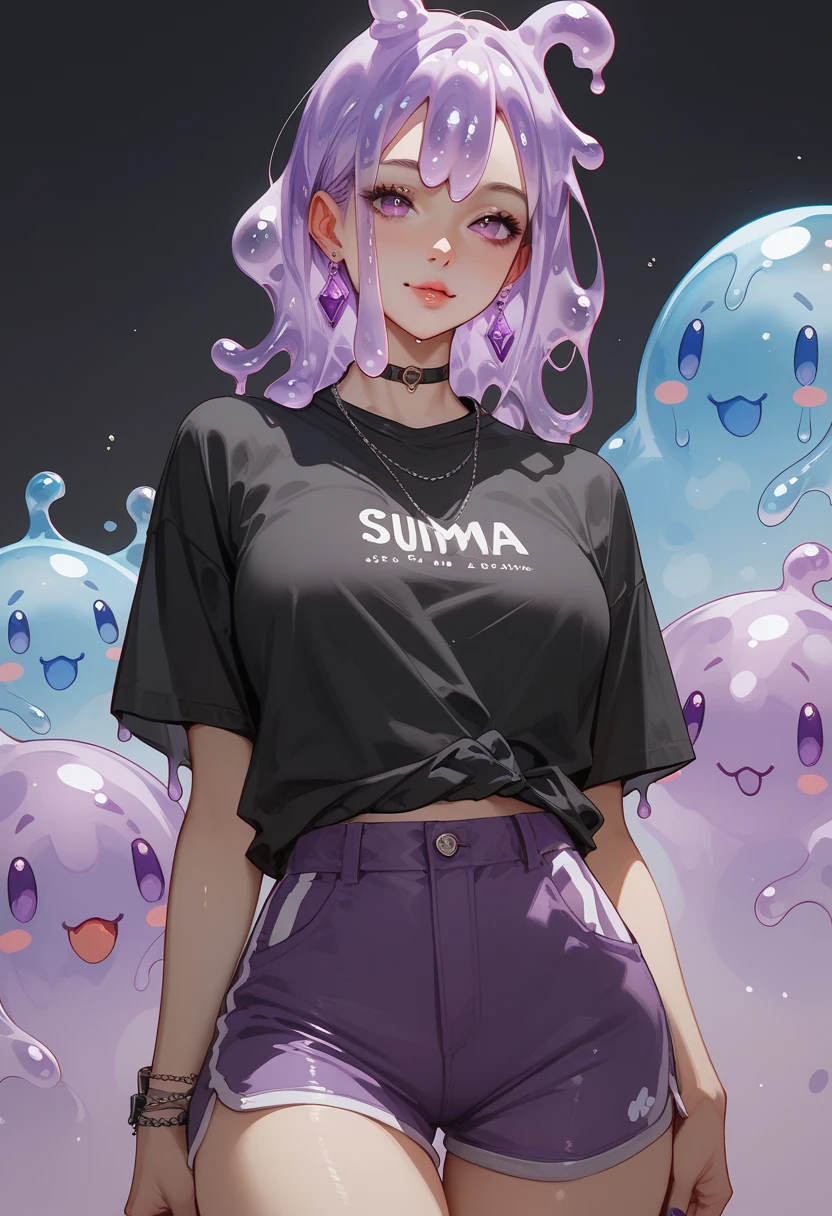 slime girl with shirt hair, purple shorts and dark shirt