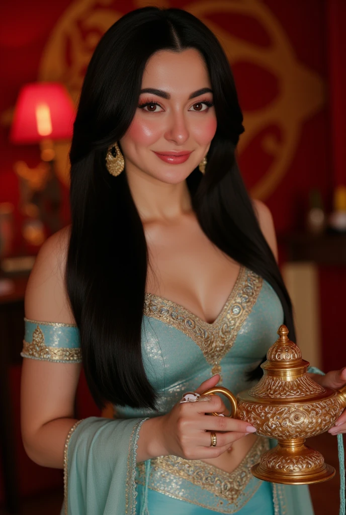  busty Pakistani (Hania Amir),(big breasts), extreme close-up, portrait, ultra realistic, photography, long black straight hair, elegant hair, (30 years old, hazel eyes, hourglass figure, perfect fit body, natural big breasts), femme fatale, Princess jasmine costume, oriental background, holding the magic lamp from aladdin, rubbing the magic lamp from aladdin