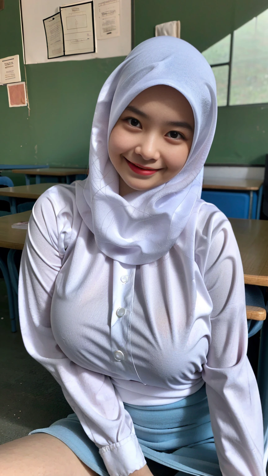 1girl, 18 years old, Indonesian girl hijab, adorable face, cute face, beautiful face, flawless face, detailed face, detailed eyes, smiling, laugh, ((gigantic breasts)). ((Heaviest breasts)). ((Saggiest breasts)). ((Biggest breasts)). ((Braless)). Transparent shirt, long sleeve, mini skirt, SMA, Indonesian classroom, white board, sitting, sneakers