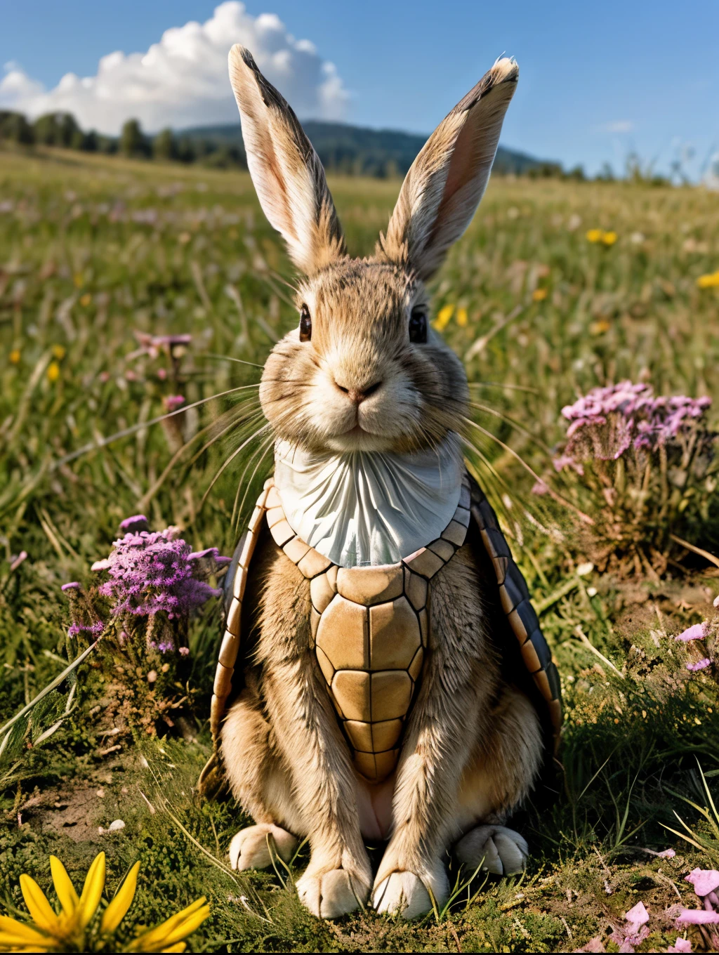 "Design an adorable hybrid with the soft body and long ears of a rabbit, but with the protective shell and scaled feet of a turtle. It sits calmly on a grassy hill surrounded by wildflowers under a bright spring sky."