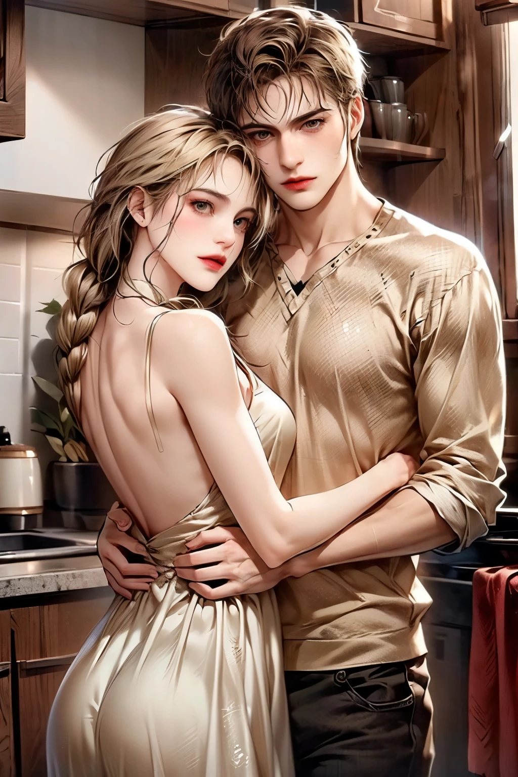 ( Masterpiece), (5k), ( Open Back Dress),  2d couple ,(( blonde woman , Sharp eyes )),  brown eyes,  superbly detailed eyes, (( light blonde guy ,  casual clothes )), A hug full of love