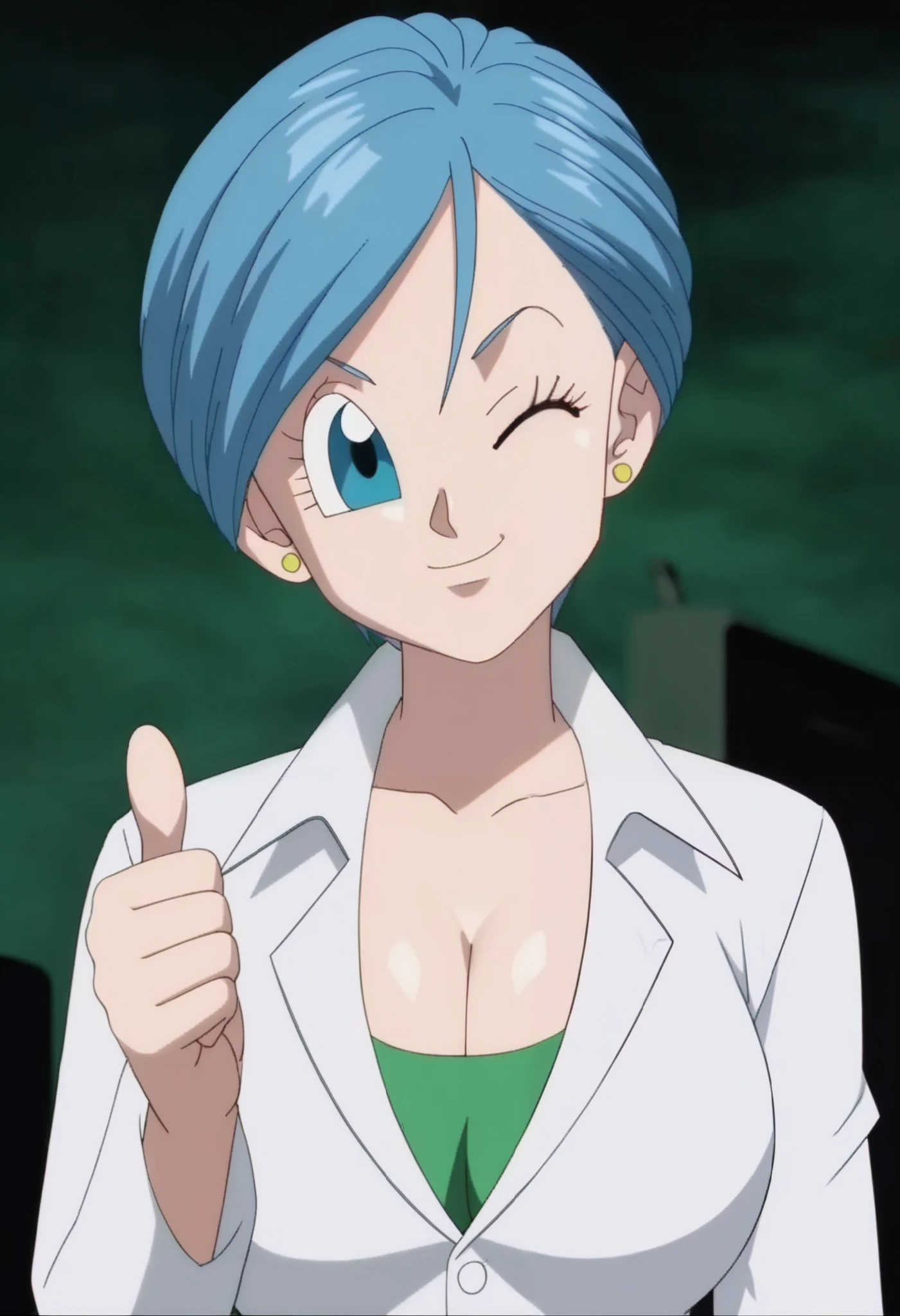 source_anime, score_9, score_8_up, score_7_up, anime screencap,8k, absurd res, 
bulma, 1girl, solo, looking at viewer, smile, short hair, blue eyes, jewelry, closed mouth, blue hair, collarbone, green shirt, upper body, big breasts, cleavage, huge breasts, earrings, one eye closed, collared shirt, hand up, blurry, head tilt, eyelashes, stud earrings, thumbs up, labcoat,official style, 
 