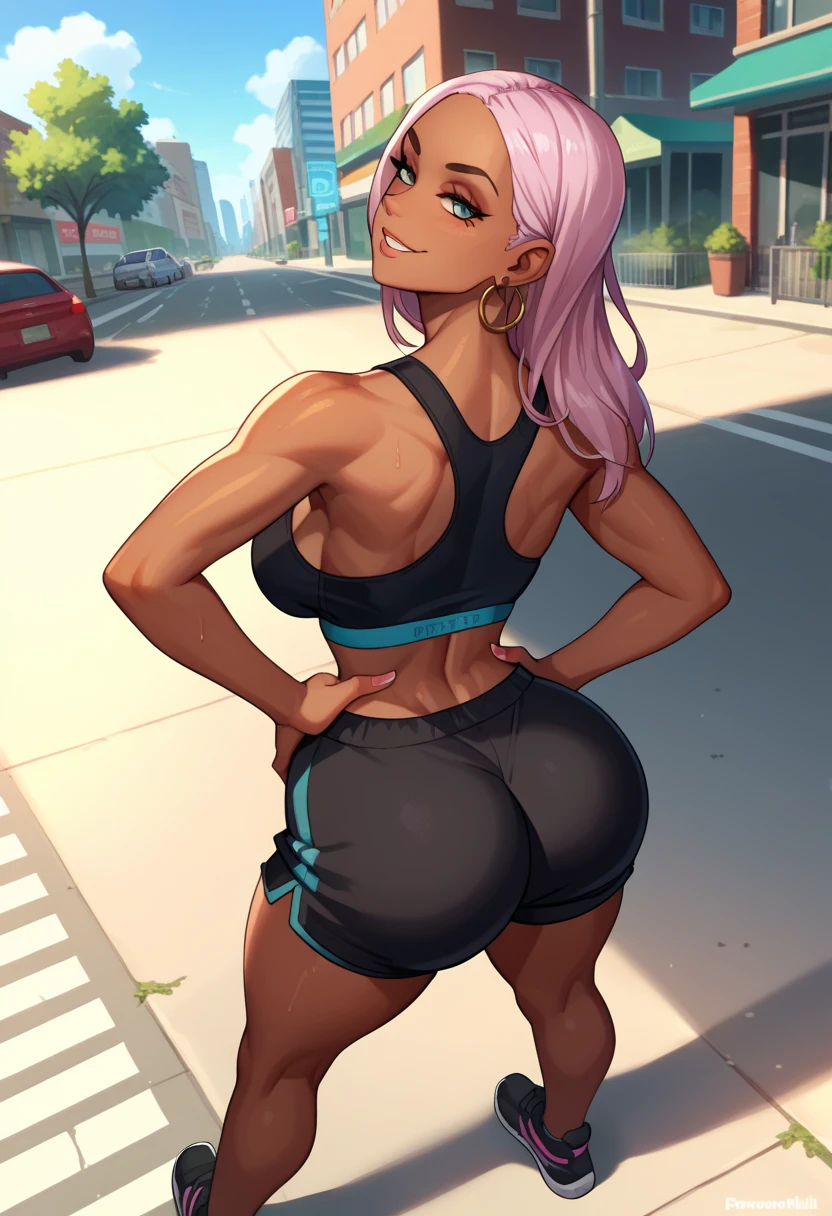  score_9,  score_8_above,  score_7_above,   source  _animated, from behind, Alone, 1 girl, ,  dark skin,  seductive smile,  looking back ,  hands on hips , symbol-shaped paboveils,  black sports bra,  black shorts , ass, outdoors, city street, futanari