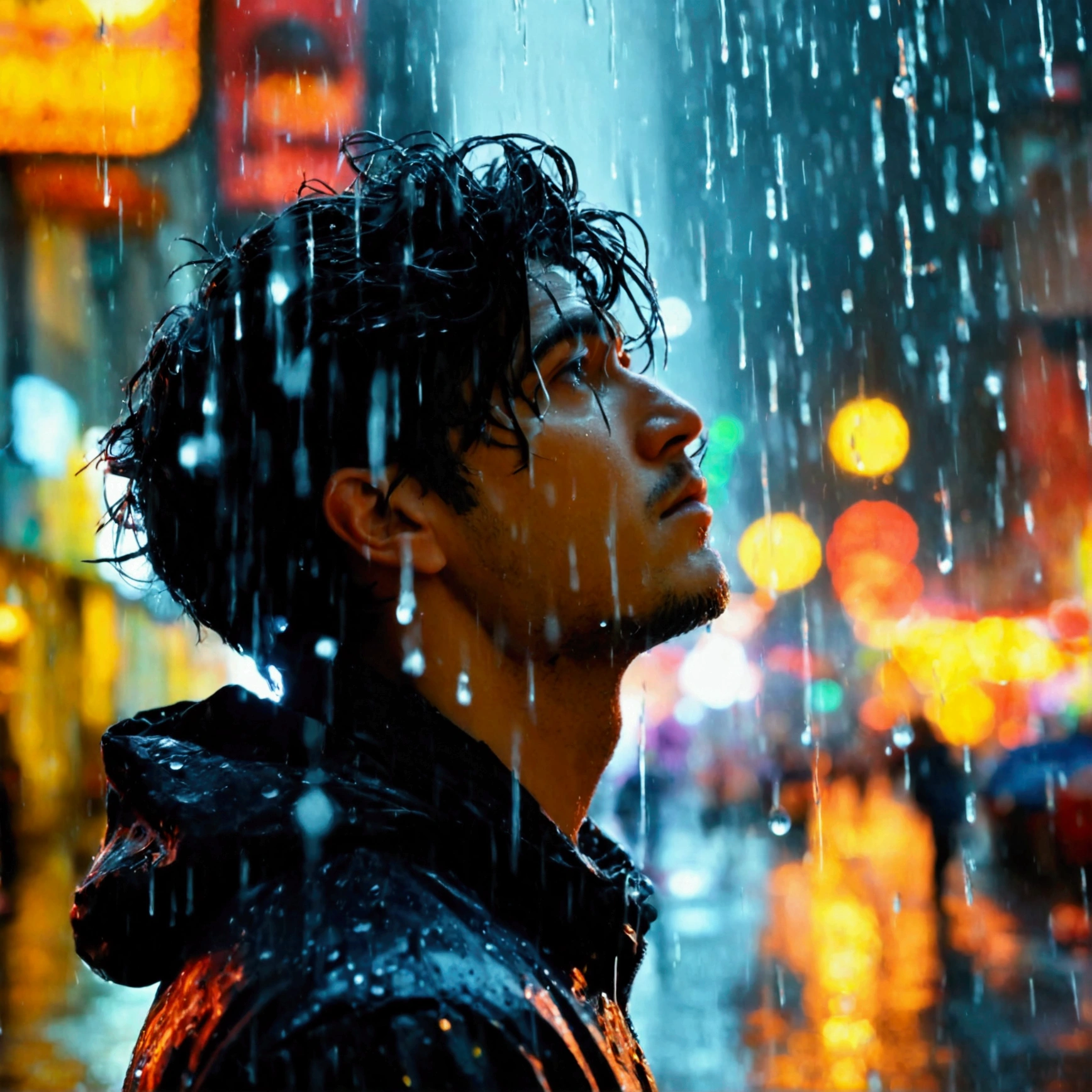  Create a black and white photo ,  A sharp silhouette of a man in the rain,  Against the city at night , raindrops blurred ,  man's head looks up 