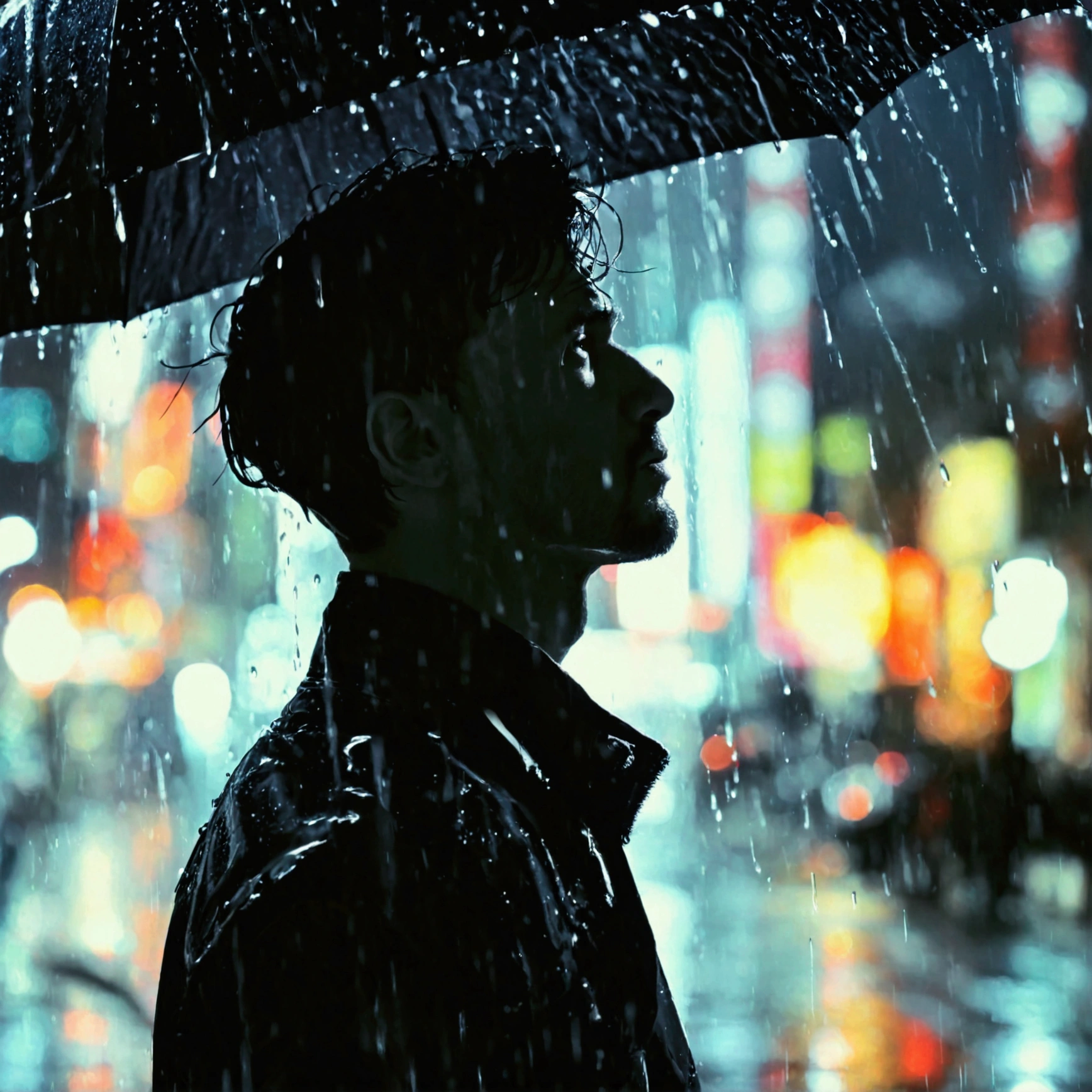  Create a black and white photo ,  A sharp silhouette of a man in the rain,  Against the city at night , raindrops blurred ,  man's head looks up 