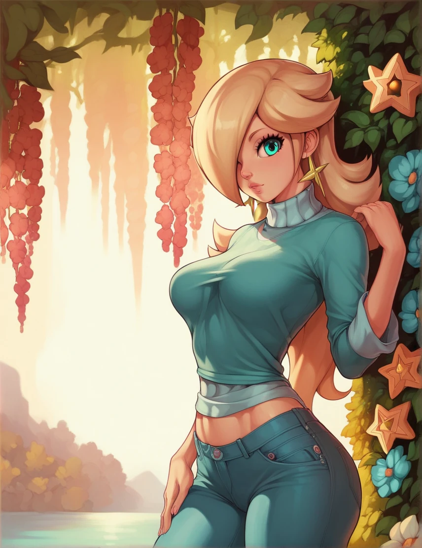 s3r4galo, 1girl, Rosalina upper body, nature, outdoor, Colorful flowers, undergrowth, warm light, sunset, breast, , intricate, (detailed eyes), Jeans, shirt, turtleneck