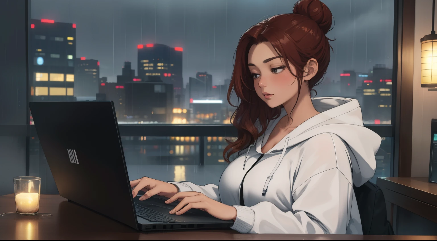 "A cozy room night scene rainy featuring A woman big bobs with short wavy auburn hair tied in a loose bun, wearing a white hoodie and fit jeans, The woman is focused on typing on a laptop placed on the desk. Behind her, a large glass window reveals a view of a Japanese city during the rainy season, with raindrops on the glass and soft city lights glowing in the background.