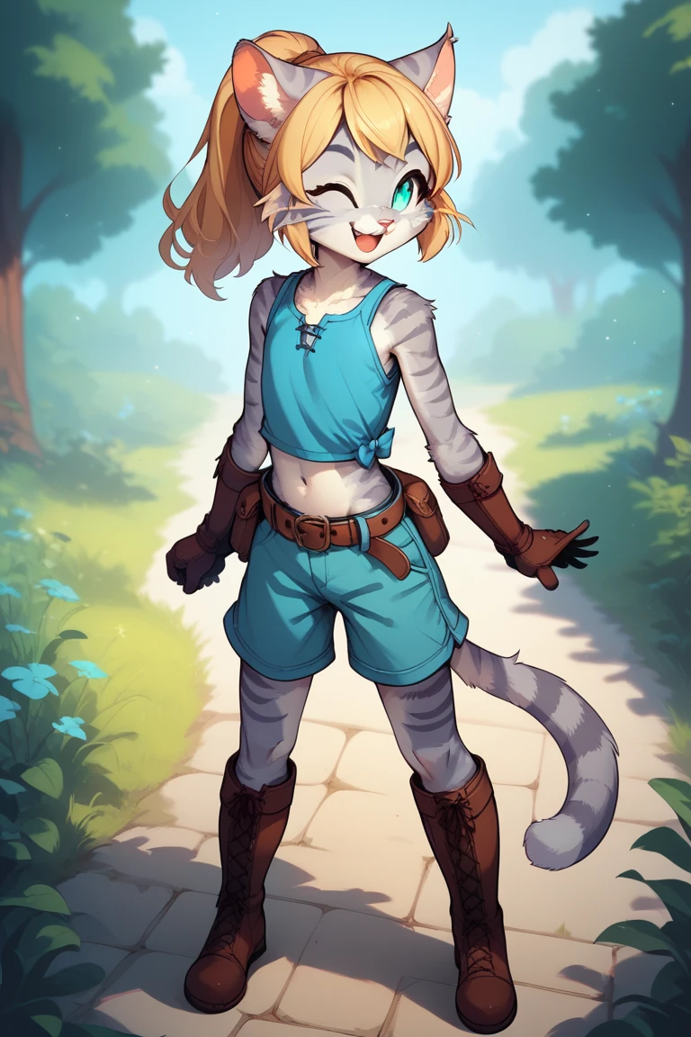 Score_9, score_8_up, score_7_up, Kat, Anthro, Anthro furry feline girl, grey striped fur, flat chest, (young), cub, blonde hair, ponytail, standing, blue top, midriff, belt, tight brown shorts, gloves, brown boots, outdoors, smiling, winking, cute, playful pose, full body view