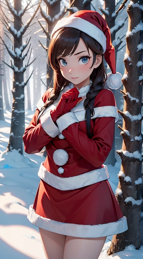 (Best Quality, 8K, Oil Painting, masutepiece:1.2), Ultra-detailed, (Realistic, Photorealistic:1.37), (((full body Esbian)))、Vibrant colors, Studio Lighting, (((snowscape)))、Shoulder-length bob hair, (((Santa Claus Costume)))、(((Red Santa Clothes))) 、(((a miniskirt)))、((Happy look))、(((Laugh)))、(((Slender Adult Woman)))、Opens mouth and laughs、(((Red hair)))、(((bobhair)))、(((Red hair)))、(((All around is snow)))、(((There is a margin at the top of the head)))、(((There is margin on the left and right sides)))、(((There is a margin above the image)))、(((Very cute woman)))