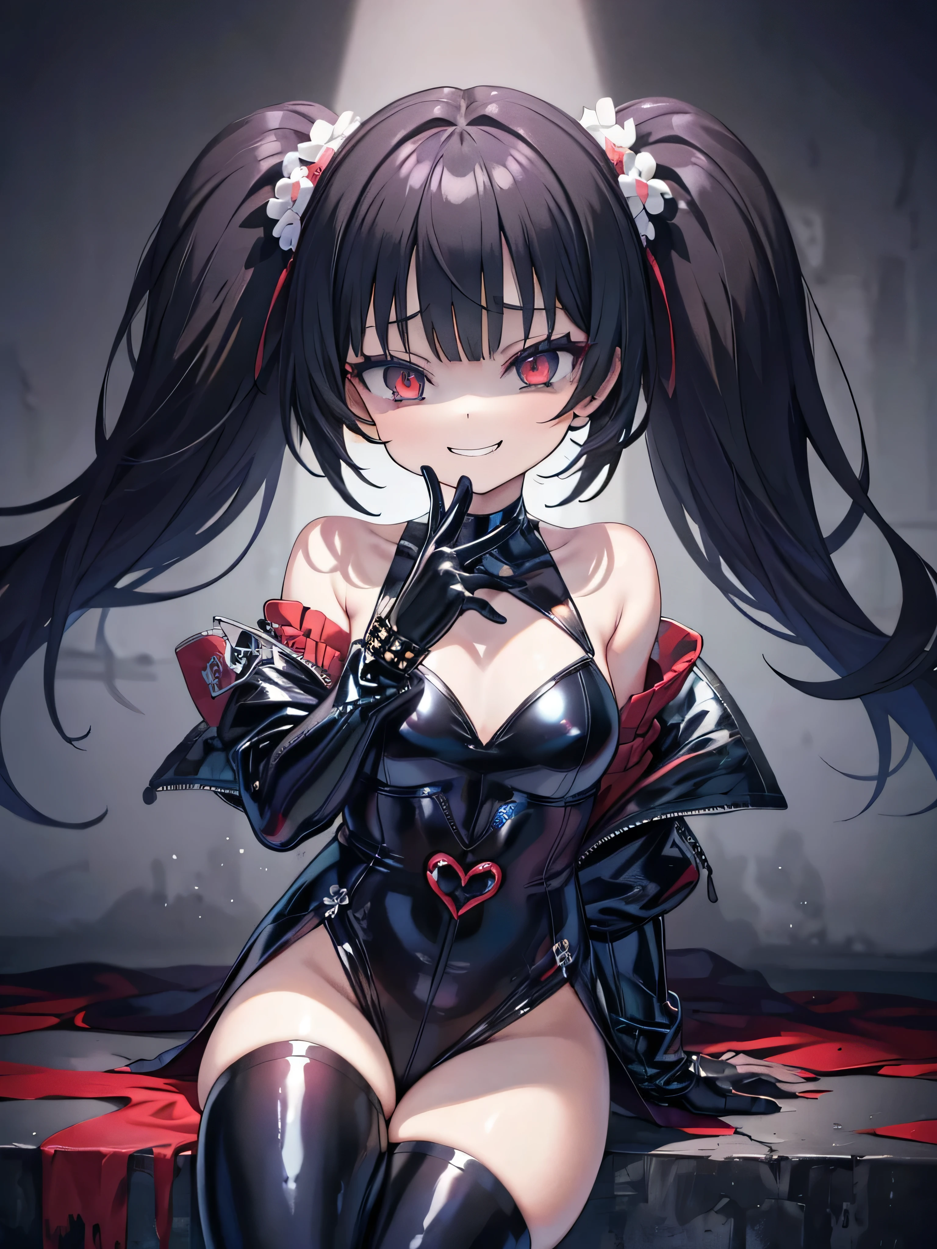 ((Highest quality)), (masterpiece)), (detailed: 1.4), Disorganized solutions、High resolution、(masterpiece:1.4)、Super detailed、Beautiful girl、Highest quality、masterpiece、Very detailed、(1 person):1.4、(Black latex swimsuit)、、Twin tails、Short Twin tails、choker、:1.1,(Shiny latex)、elbow fullgloves,thighhigh boots,Dim landscape,Dark aura,ruins,skull,Bloodbath,evil grin,evil smile,