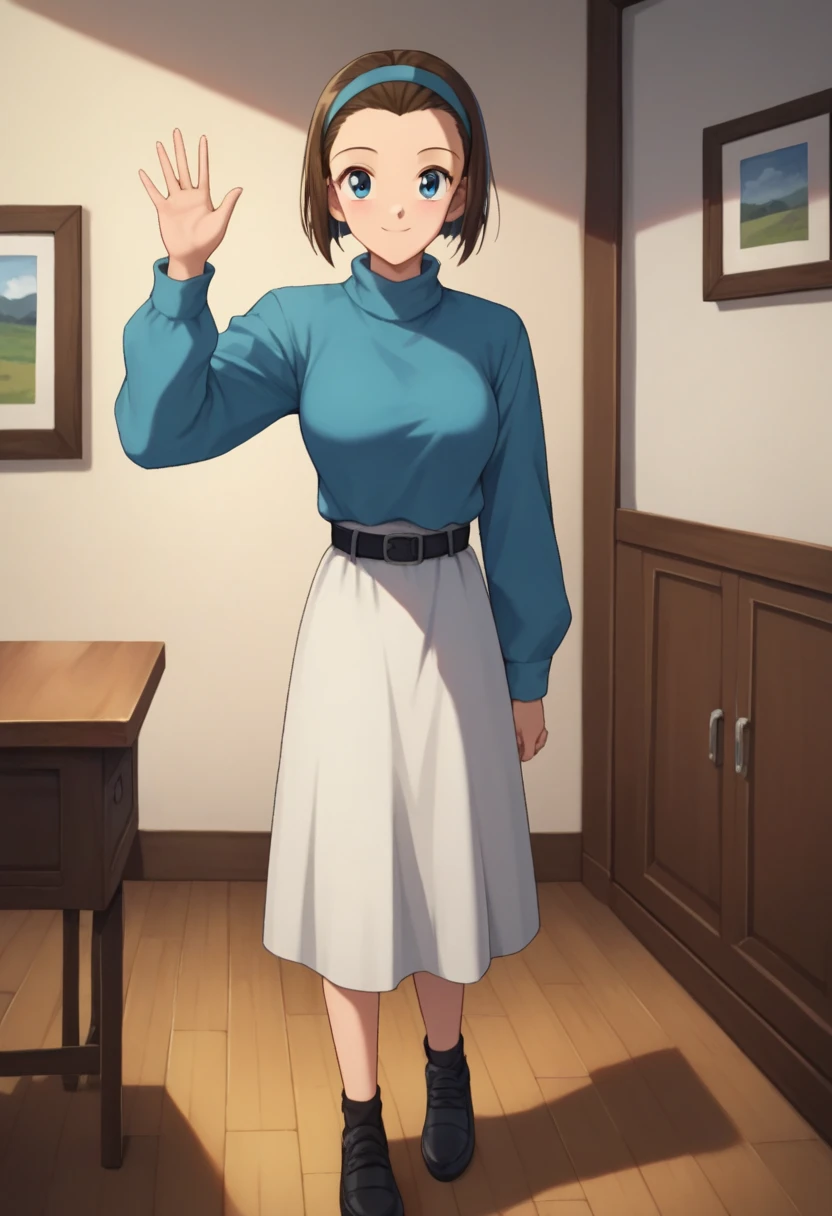 score_9, score_8_up, score_7_up, score_6_up, BREAK, SonokoSuzukiDCXL, 1990s (style), blue eyes, brown hair, short hair, bob cut, forehead, blue hairband, medium breasts, turtleneck, blue sweater, long sleeves, black belt, white skirt, black shoes, solo, full body, standing, waving, seductive smile, looking at viewer, indoors  