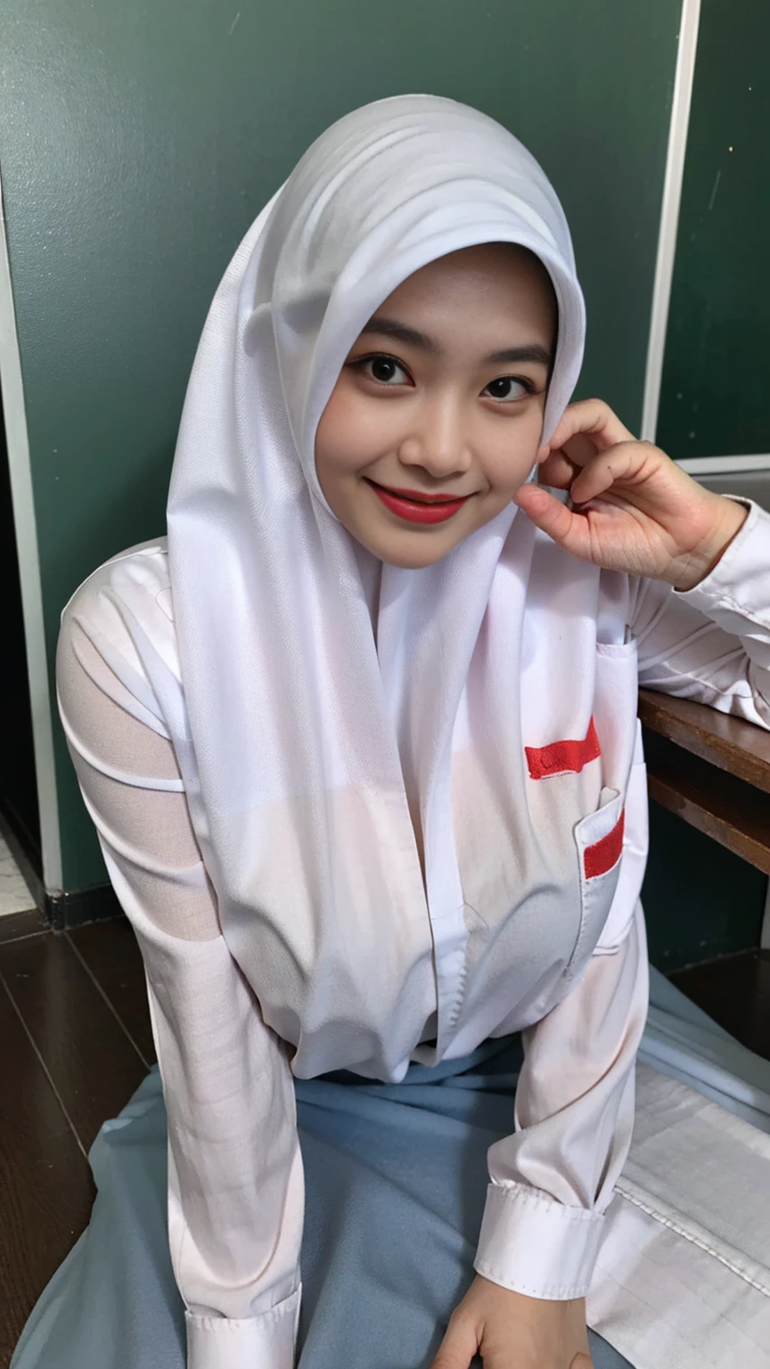 Young sweet beautiful Indonesian girl, 28 years old, slim body, georgeus face, big breasts, wearing white nurse hat and short hijab to covering all her hairs, a nurse in a hospital, a shy and humble girl, wearing white long sleeve all unbuttoned nurse shirt, no bra, no panty, wearing white revealed long skirt, wearing black woman shoes, realistic, very detail face, no cartoon, all good fingers have normal shape, normal legs shape, standing confidence at loby of the bogor city hospital in the sunny morning, sun shining to her body, nipples and breast are visible, sweat on all her skins, many sweat flowing on her redish face, enjoying her job, laughing cheerful,