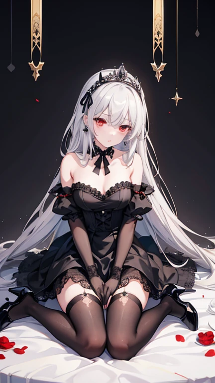 Queen, arrogant, tsundere, black knee-high wedding dress, black high heels, black wedding headband, silver hair, red eyes, girlish, lace gloves, torn clothes, mockery, full body, lies on the table, black crown, earrings, rings, cream on the body scattered