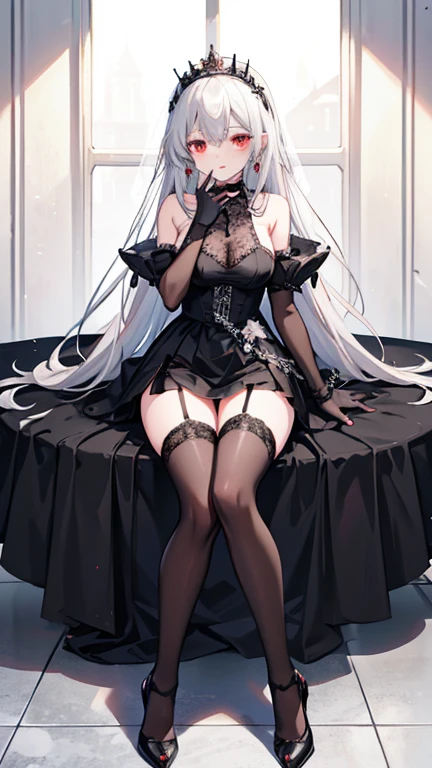 Queen, arrogant, tsundere, black knee-high wedding dress, black high heels, black wedding headband, silver hair, red eyes, girlish, lace gloves, torn clothes, mockery, full body, lies on the table, black crown, earrings, rings, cream on the body scattered