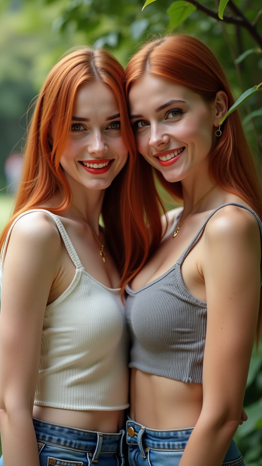 ultra realistic, photography, two women: one with long straight red hair, (30 years old, hourglass figure, perfect body, natural medium breasts), the other one: long black straight hair, (30 years old, hourglass figure, perfect fit body, natural big breasts), perfect round cleavage, they are wearing casual outfits, they are standing in a backyard, they hug each other tightly and smile