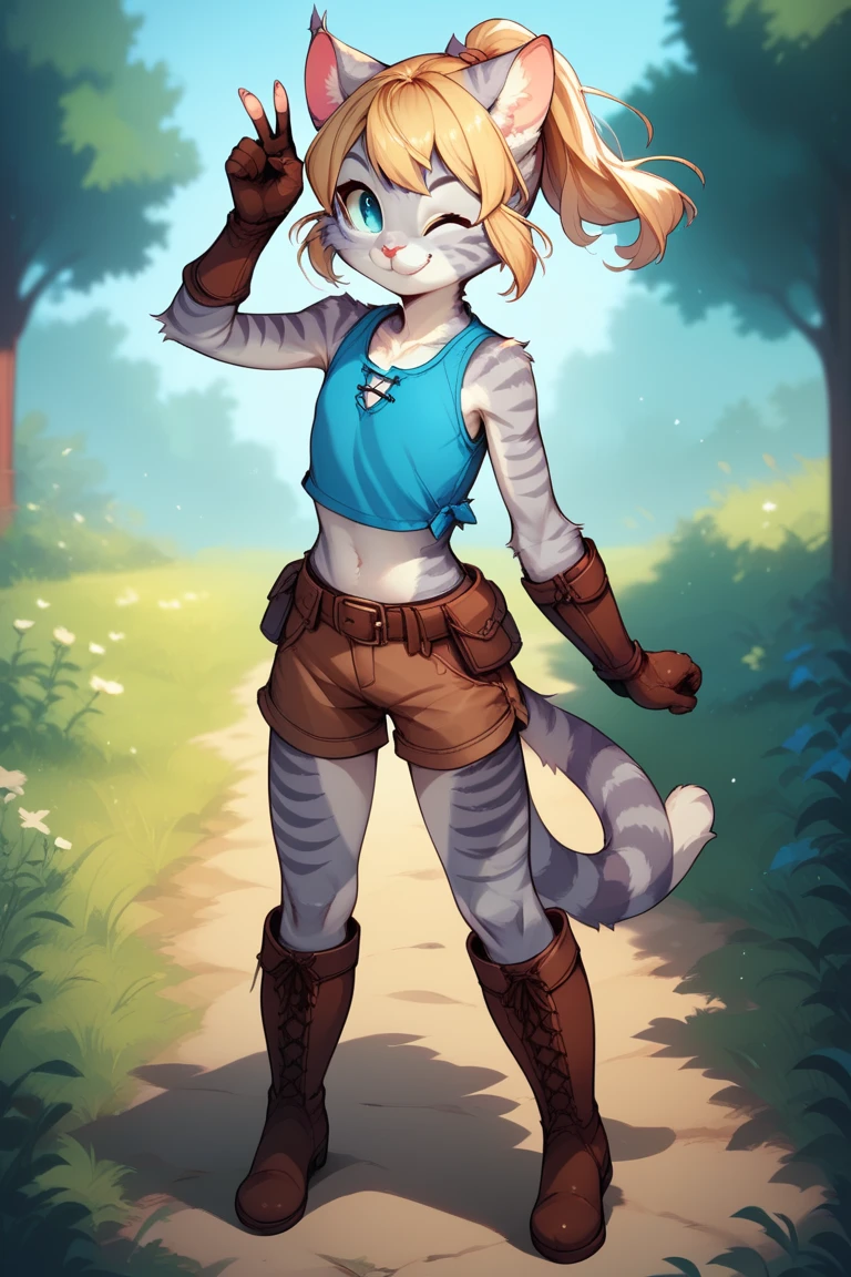 Score_9, score_8_up, score_7_up, Kat, Anthro, Anthro furry feline girl, grey striped fur, flat chest, (young), cub, short blonde hair, ponytail, standing, blue top, midriff, belt, brown shorts, gloves, brown boots, outdoors, smiling, winking, cute, playful pose, full body view