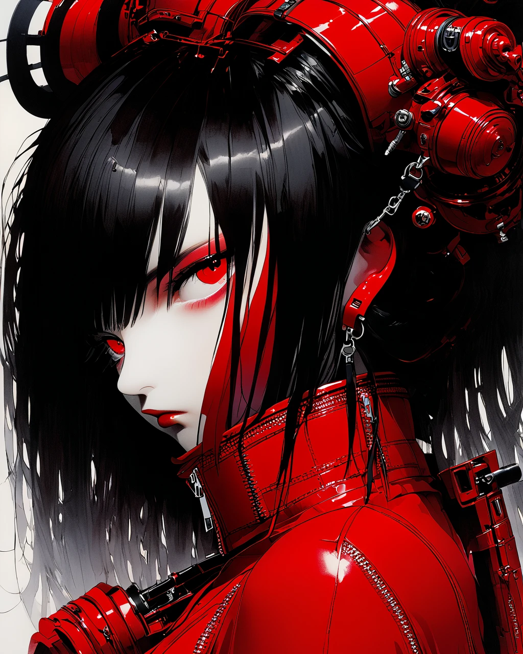  1 devil girl machine arm gradation color ( red leather turtleneck tights with zipper ), Geisha with long black hair  (Art by Yoshitaka Amano )