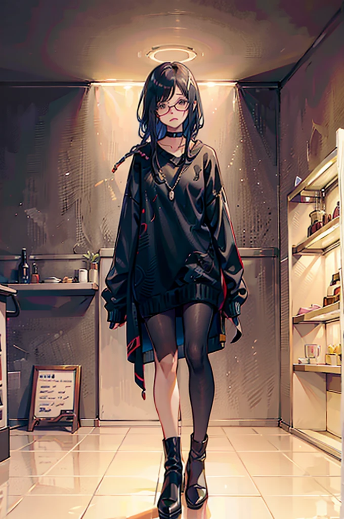 A young adult female with glasses, shy and sad demeanor, chest length messy black hair, 24DD breasts, fully covered by oversized sweater, looking away, in a dimly lit bar, detailed portrait, beautiful detailed eyes, beautiful detailed lips, extremely detailed eyes and face, long eyelashes, digital painting, 8k, high quality, masterpiece, intricate details, soft lighting, warm color palette, melancholic atmosphere