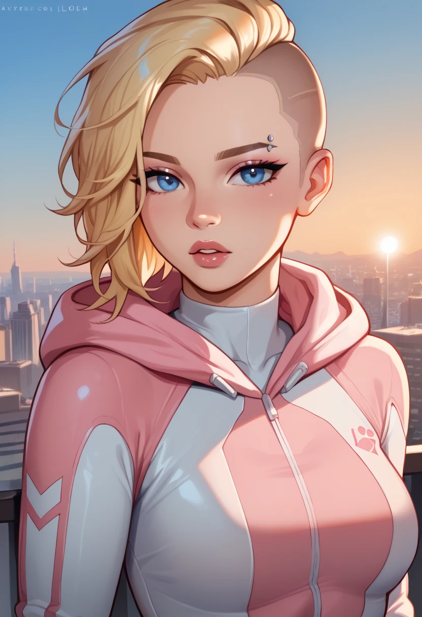 One girl, Blonde, cin_ear, animal_ear, 一人in, dark_skin, Sunburn_skin, Foggy Neon Futuristic, Summer jackets, Cherry blossoms fall, Portrait Style, Looking_in_Audience, cineminic lighting, eyeliner, compensate, Emotional, Very detailed, Wide Shot, Sharp focus, Ring Light, Rim Light, ocSunburne render, Ring Light, Rim Light, Nbinkupunk, Samdos Arts