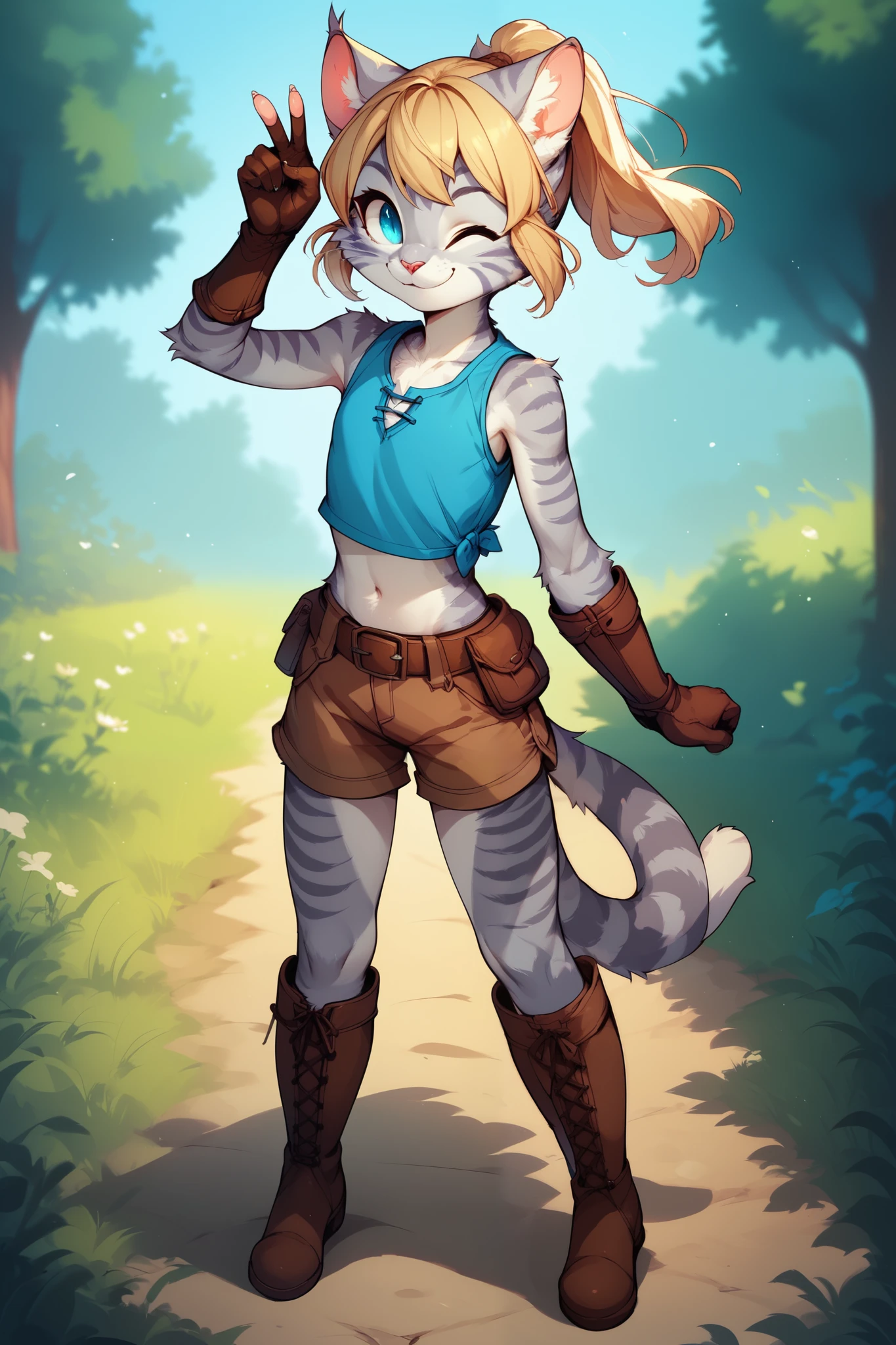 Score_9, score_8_up, score_7_up, Kat, Anthro, Anthro furry feline girl, grey striped fur, flat chest, (young), cub, short blonde hair, ponytail, standing, blue top, midriff, belt, brown shorts, gloves, brown boots, outdoors, smiling, winking, cute, playful pose, full body view