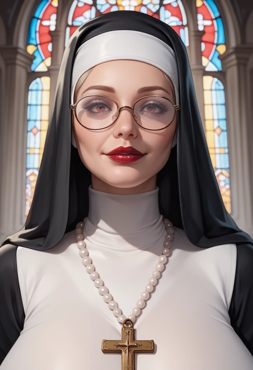 score_9_up, score_8_up, score_7_up, score_6_up, ,1girl,solo,(mature nun), harsh angular face, high cheekbones, glasses, red lipstick, gigantic breasts, tight pvc habit, pearl necklace, wry smile, in church, detailed face, detailed eyes, portrait, (realistic), (painted art)