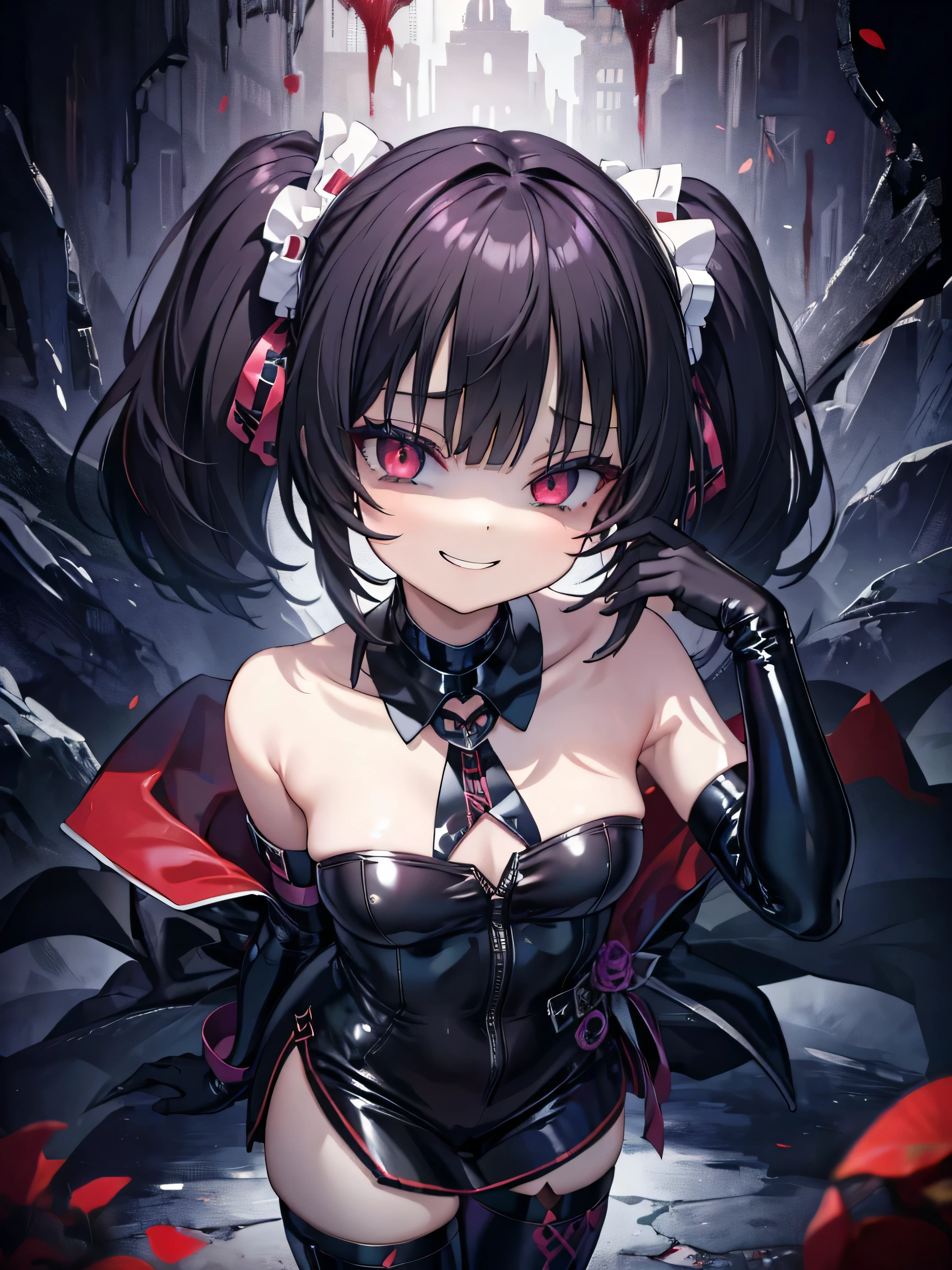 ((Highest quality)), (masterpiece)), (detailed: 1.4), Disorganized solutions、High resolution、(masterpiece:1.4)、Super detailed、Beautiful girl、Highest quality、masterpiece、Very detailed、(1 person):1.4、(Black latex swimsuit)、、Twin tails、Short Twin tails、choker、:1.1,(Shiny latex)、elbow full gloves,thighhigh boots,Ominous landscape,Dark aura,ruins,skull,Bloodbath,evil grin,evil smile,Anxious smile,