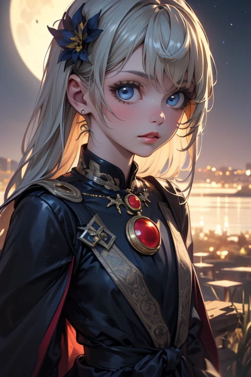 a beautiful girl with long silver hair, detailed eyes, detailed lips, extremely detailed face, longeyelashes, detailed dress, ethereal, fantasy, magical, glowing, mystical, whimsical, flowing dress, moonlight, starry night sky, moon, celestial, fantasy landscape, surreal, dreamlike, dramatic lighting, cinematic, muted colors, soft focus, (best quality,4k,8k,highres,masterpiece:1.2),ultra-detailed,(realistic,photorealistic,photo-realistic:1.37)