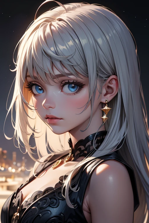 a beautiful girl with long silver hair, detailed eyes, detailed lips, extremely detailed face, longeyelashes, detailed dress, ethereal, fantasy, magical, glowing, mystical, whimsical, flowing dress, moonlight, starry night sky, moon, celestial, fantasy landscape, surreal, dreamlike, dramatic lighting, cinematic, muted colors, soft focus, (best quality,4k,8k,highres,masterpiece:1.2),ultra-detailed,(realistic,photorealistic,photo-realistic:1.37)