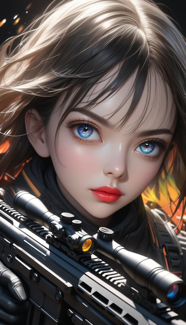 a girl with beautiful detailed eyes, beautiful detailed lips, extremely detailed eyes and face, long eyelashes, holding a sophisticated assault rifle in a dynamic shooting pose, assault rifle with high-performance and non-glossy coatings, set against a dark colored background, 8k, photorealistic, masterpiece, ultra-detailed, realistic, physically-based rendering, vivid colors, dramatic lighting