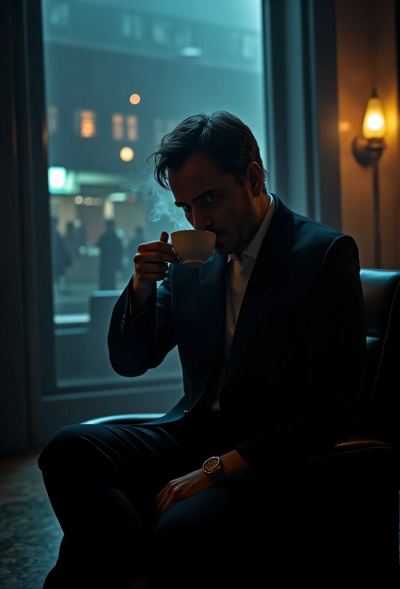 a man in a dark room, suited figure drinking coffee, film noir style, dramatic lighting, high contrast, moody atmosphere, cinematic composition, chiaroscuro, gritty texture, strong shadows, dramatic pose, focused expression, 1990s style, atmospheric environment, rainy night setting, desaturated palette, deep shadows, hard edge lighting, dramatic silhouette, cinematic depth of field, photorealistic, masterpiece, 8k, watch to the camera, Max Payne, lilamaddyson