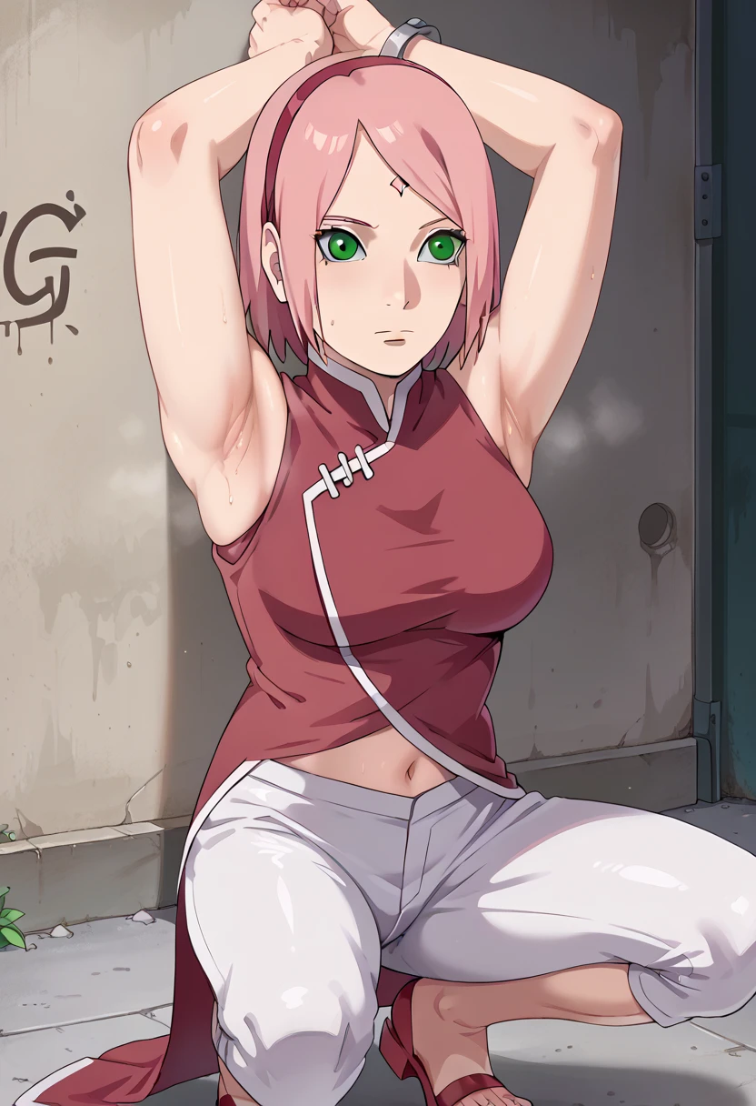 nsfw, (((haruno sakura))),green eyes ,pupil,pink hair, short hair,, red sleeveless dress, navel, large breasts, white pants,(((black pupil:1.5))),In a dimly lit alley ,Armpit,Armpit wrinkles,Armpit smell,Armpit juice,Arms up,Stretch,pubic hair,under hair,squat down, 